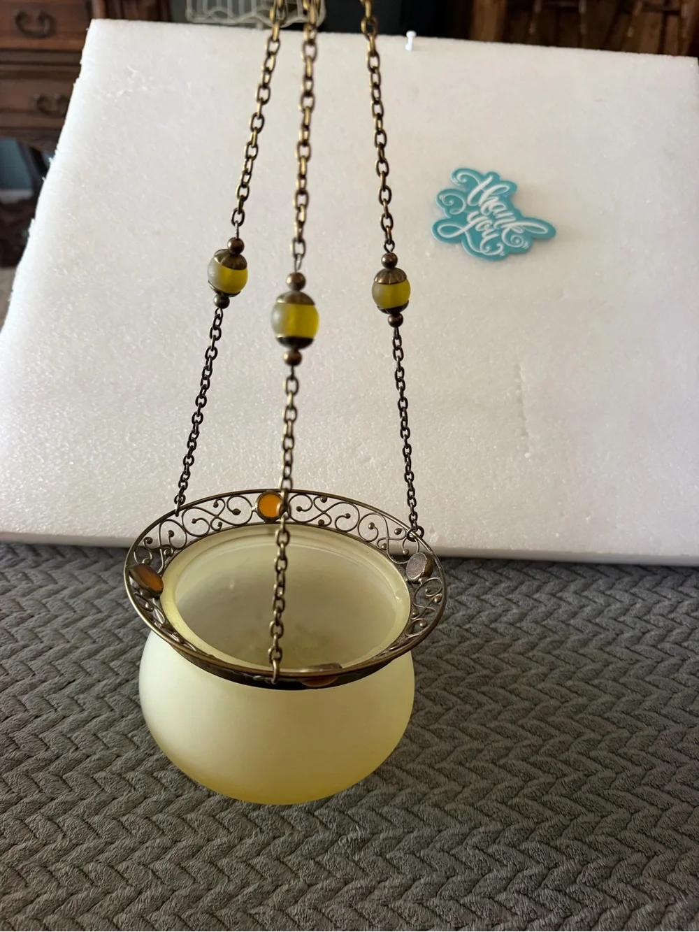 PartyLite Yellow Frosted Glass Hanging Lantern with Antique Brass Chain & stones